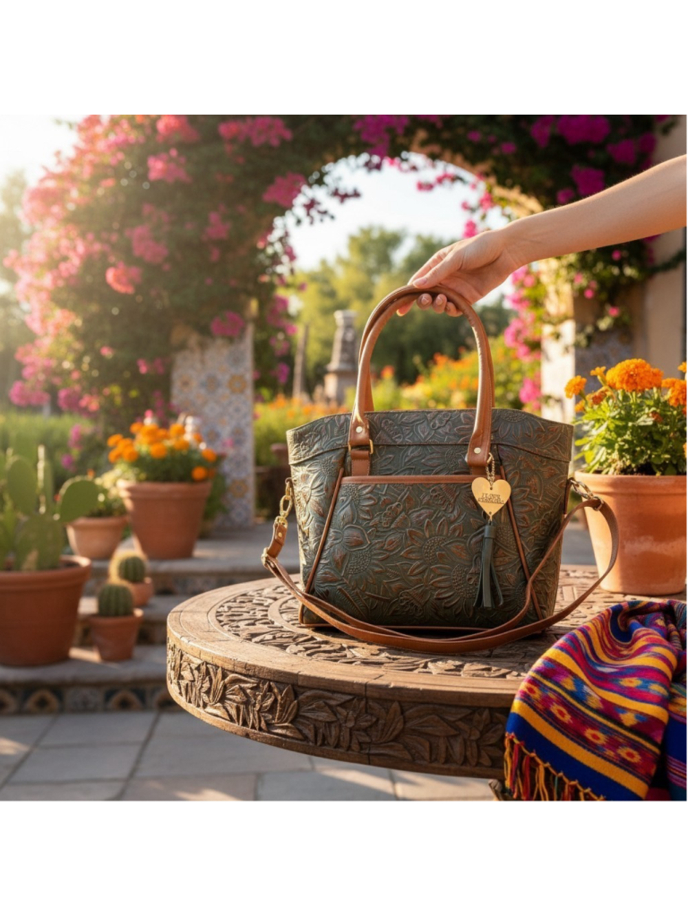 Sunflower Forest Green Gold Brown Embossed Tooled Artisan LEATHER Bag Purse Tote